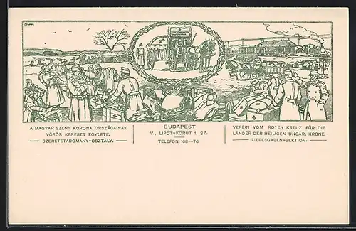 Künstler-AK Budapest, Rotes Kreuz, Liebesgaben-Aktion