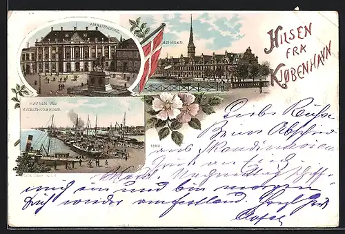 Lithographie Kjobenhavn, Havnen ved Kvoesthusbroen, Amalienborg