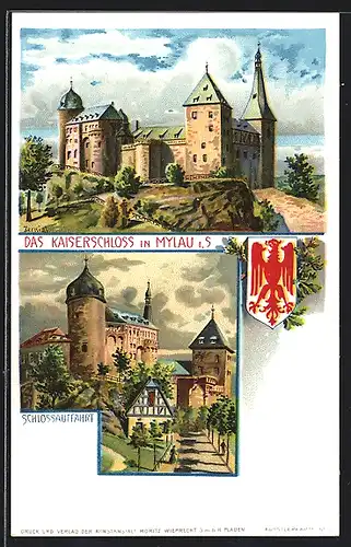 Lithographie Mylau i.S., Kaiserschloss und Schlossauffahrt