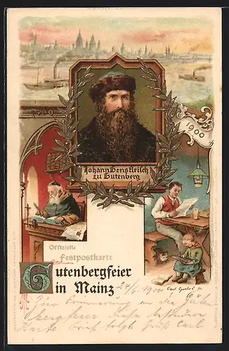 Lithographie Mainz, Festpostkarte Gutenbergfeier, Porträt Gutenberg, Ortspartie mit Dampfer, Lesende Menschen