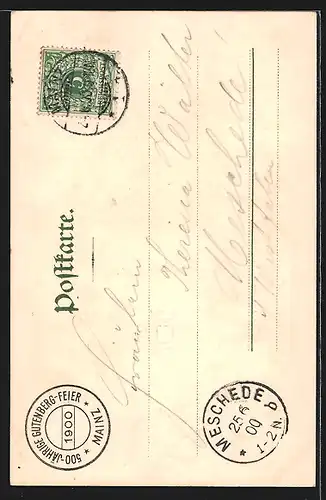 Lithographie Mainz, Festpostkarte Gutenbergfeier, Porträt Gutenberg, Ortspartie mit Dampfer, Lesende Menschen