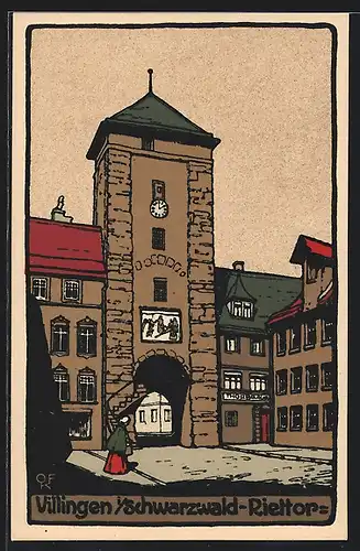 Steindruck-AK Villingen, Blick auf das Riettor