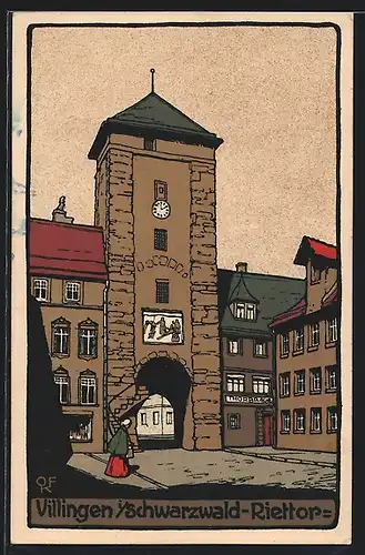 Steindruck-AK Villingen, Blick auf das Riettor