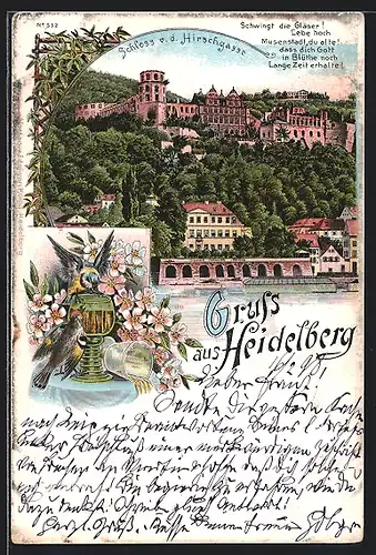 Lithographie Heidelberg, Schloss von der Hirschgasse betrachtet
