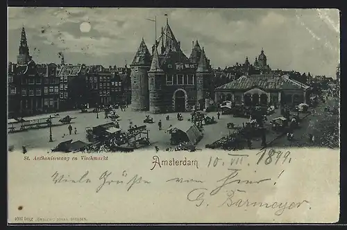 Mondschein-AK Amsterdam, St. Anthonieswaag en Vischmarkt