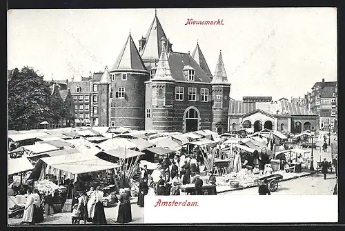 AK Amsterdem, Nieuwmarkt mit vielen Leuten