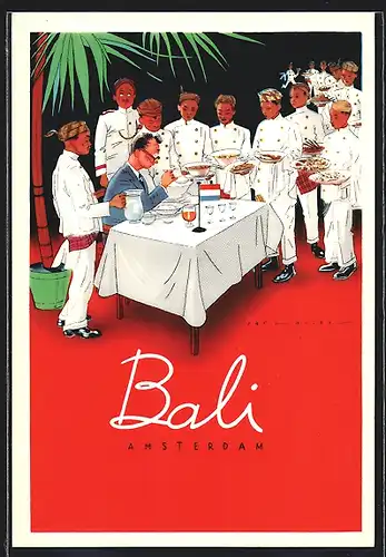 AK Reklame für das Indische Restaurant Bali in Amsterdam, Köche servieren einem Gast verschiedene Speisen