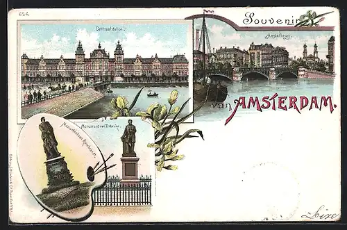 Lithographie Amsterdam, Centraalstation, Amstelbrug, Monument van Torbecke