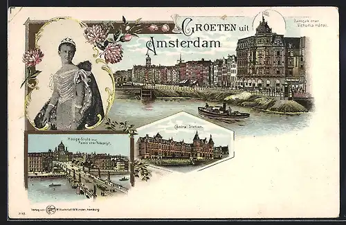 Lithographie Amsterdam, Central Station, Damcak mer Victoria Hotel