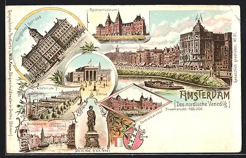 Lithographie Amsterdam, Reichsmuseum, Kgl. Schloss, Börse, Centralbahnhof, Hafen, Binnenamstel