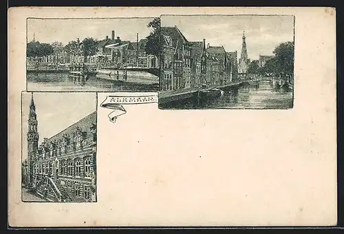 Lithographie Alkmaar, Partie am Wasser, Blick auf amtliches Gebäude