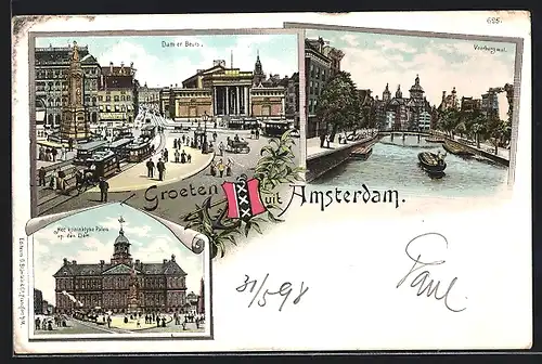 Lithographie Amsterdam, Dam en Beurs, het koninklyke Paleis op den Dam