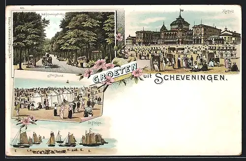 Lithographie Scheveningen, Kurhuis, Oude Scheveningsche Weg, het Strand