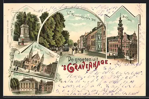 Lithographie `s Gravenhage, Stadhuis, de Bezuidenhoutsche Weg, Binnenhof