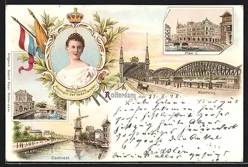 Lithographie Rotterdam, Wilhelmina Koningin der Nederlanden, Maasbrug, Coolvest