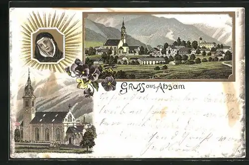 Lithographie Absam, Ortstansichtund Wallfahrtskirche