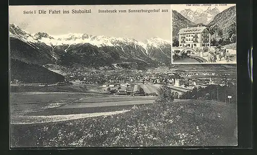 AK Telfes, Hotel & Blick nach Innsbruck