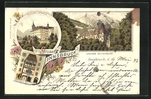 Lithographie Innsbruck, Schloss Weiherburg, Schloss Ambras, Goldenes Dach am Neuen Hof