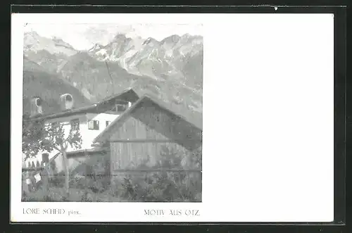 AK Ötz, Teilansicht mit Haus und Alpenmassiv