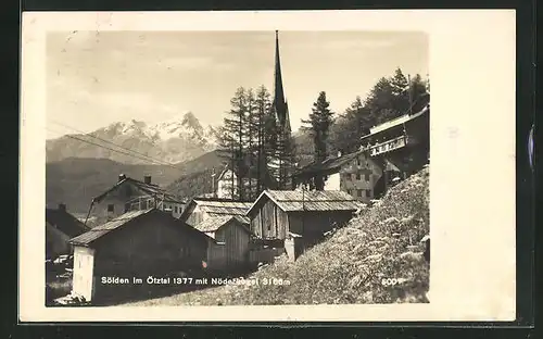 Passepartout-AK Sölden i. Ötztal, Teilansicht mit Kirche, Alpenkette