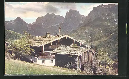 AK Kufstein, Almhütte gegen Kaisergebirge