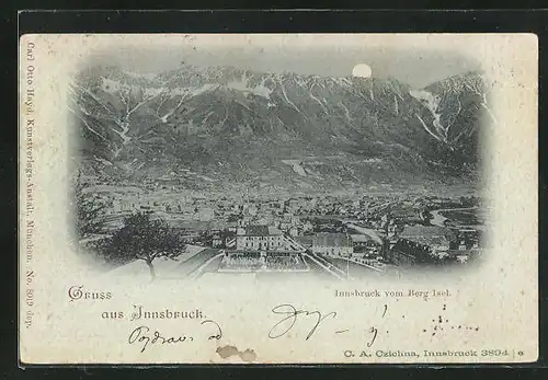 Mondschein-AK Innsbruck, Ortspanorama vom Berg Isel