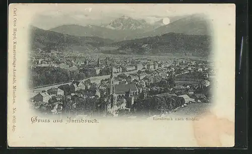 Mondschein-AK Innsbruck, Ortspanorama Blick nach Süden