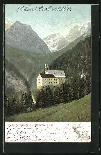AK St. Georgenberg b. Schwaz, Ausblick auf die Abtei St. Georgenberg