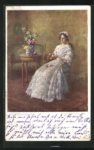 Künstler-AK Karl Maria Schuster: Ein Blumengruss, Sitzende Frau mit Rosen in der Hand