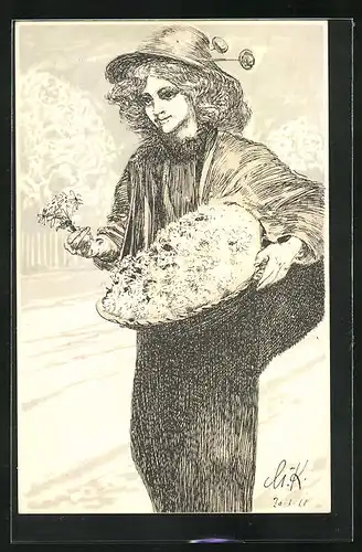Künstler-AK Leipzig, Margueritentag 1911, Fräulen mit Blumenkorb