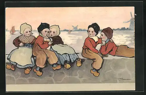 Künstler-AK Ethel Parkinson: Holländische Kinder in Tracht auf der Hafenmauer