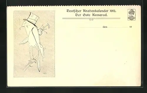 AK Zeitung, Deutscher Knabenkalender 1912 Der gute Kamerad, Vogel mit Hut und Schirm