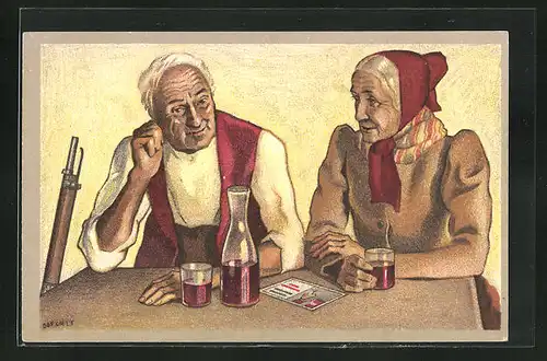 AK Schweizerischer Schützenverein 1824 - 1924, Mann mit Gewehr sitzt mit seiner Frau am Tisch und trinkt Wein