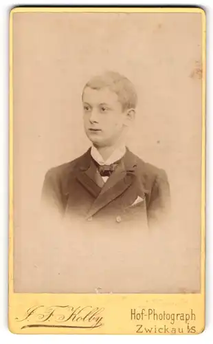 Fotografie J. F. Kolby, Zwickau i. Sa., Portrait blonder frecher Bube in Fliege und Jackett