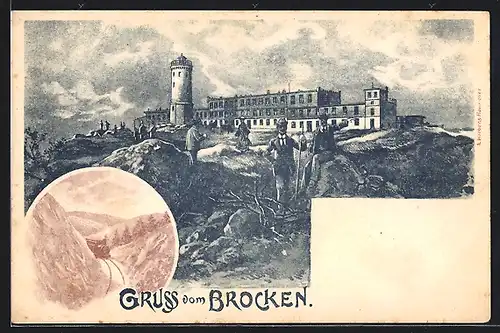Lithographie Brocken, Brocken-Hotel, Zugfahrt durch die Berge