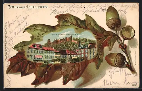 Passepartout-Lithographie Heidelberg, Schloss vom Kornmarkt aus gesehen