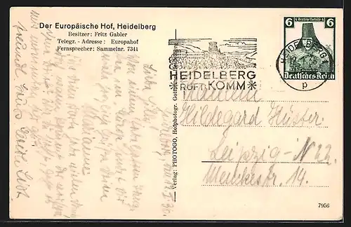 AK Heidelberg, Hotel Europäischer Hof, Bes. Fritz Gabler