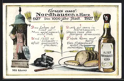 AK Nordhausen a. Harz, Die 1000 jähr. Stadt 927-1927, Der Roland, Flasche Alter Nordhäuser Korn und Teller mit Broten