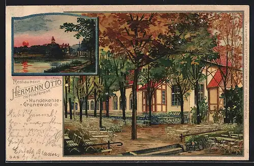 Lithographie Berlin-Grunewald, Gasthaus Hundekehle von Hermann Otto mit Totalansicht im Sonnenuntergang