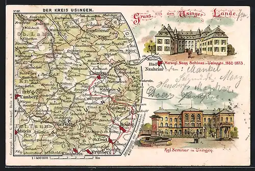 Lithographie Usingen, Kgl. Seminar, Herzogl. Schloss, Landkarte vom Kreis Usingen