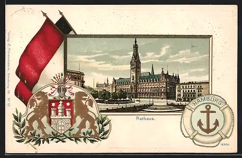 Passepartout-Lithographie Hamburg, Rathaus mit Wappen