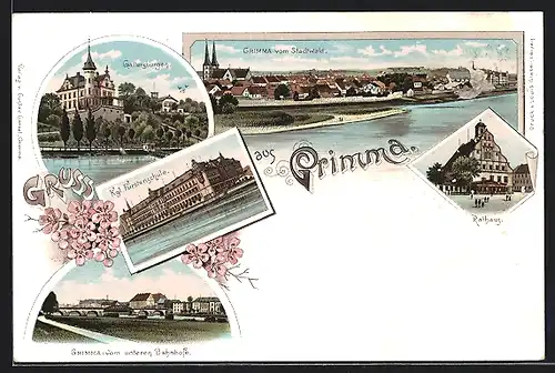 Lithographie Grimma, Gattersburgen, Kgl. Füstenschule, Rathaus