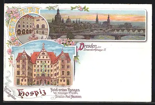 Lithographie Dresden, Hotel Hospiz Paul Neumann, Zinzendorfstrasse 17, Brunnen, Teilansicht mit Brücke