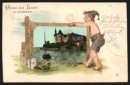 AK Leoni, Gebäude mit Türmchen am Starnberger See, Kleiner Junge in Trachtenhose mit Zipfelmütze