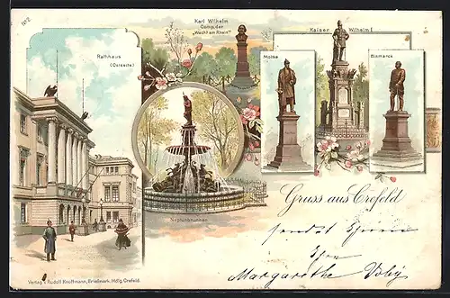 Lithographie Krefeld, Rathaus, Karl Wilhelm Comp. der Wacht am Rhein, Denkmäler Kaiser Wilhelm I., Moltke und Bismarck