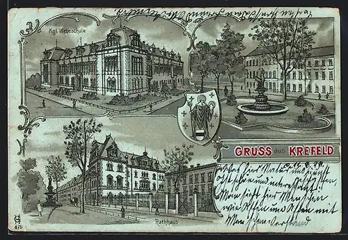 Mondschein-Lithographie Krefeld, Kgl. Webeschule, Rathhaus und Wappen