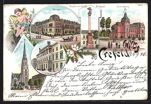 Lithographie Crefeld, Webschule, Friedenskirche und Cornelius de Greiff Denkmal