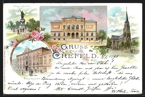 Lithographie Crefeld, Kriegerdenkmal, Kaiser Wilhelm Museum, Friedenskirche, Stadttheater