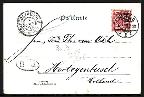 Lithographie Crefeld, Kriegerdenkmal, Kaiser Wilhelm Museum, Friedenskirche, Stadttheater