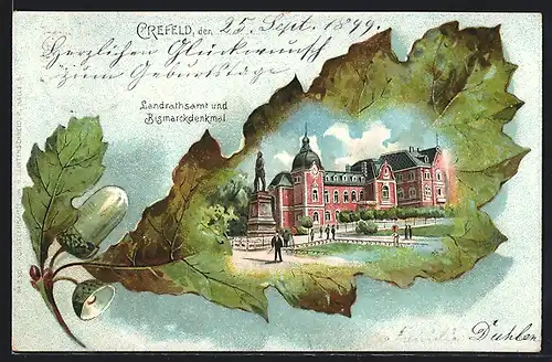 Passepartout-Lithographie Crefeld, Landrathsamt und Bismarckdenkmal mit Passanten